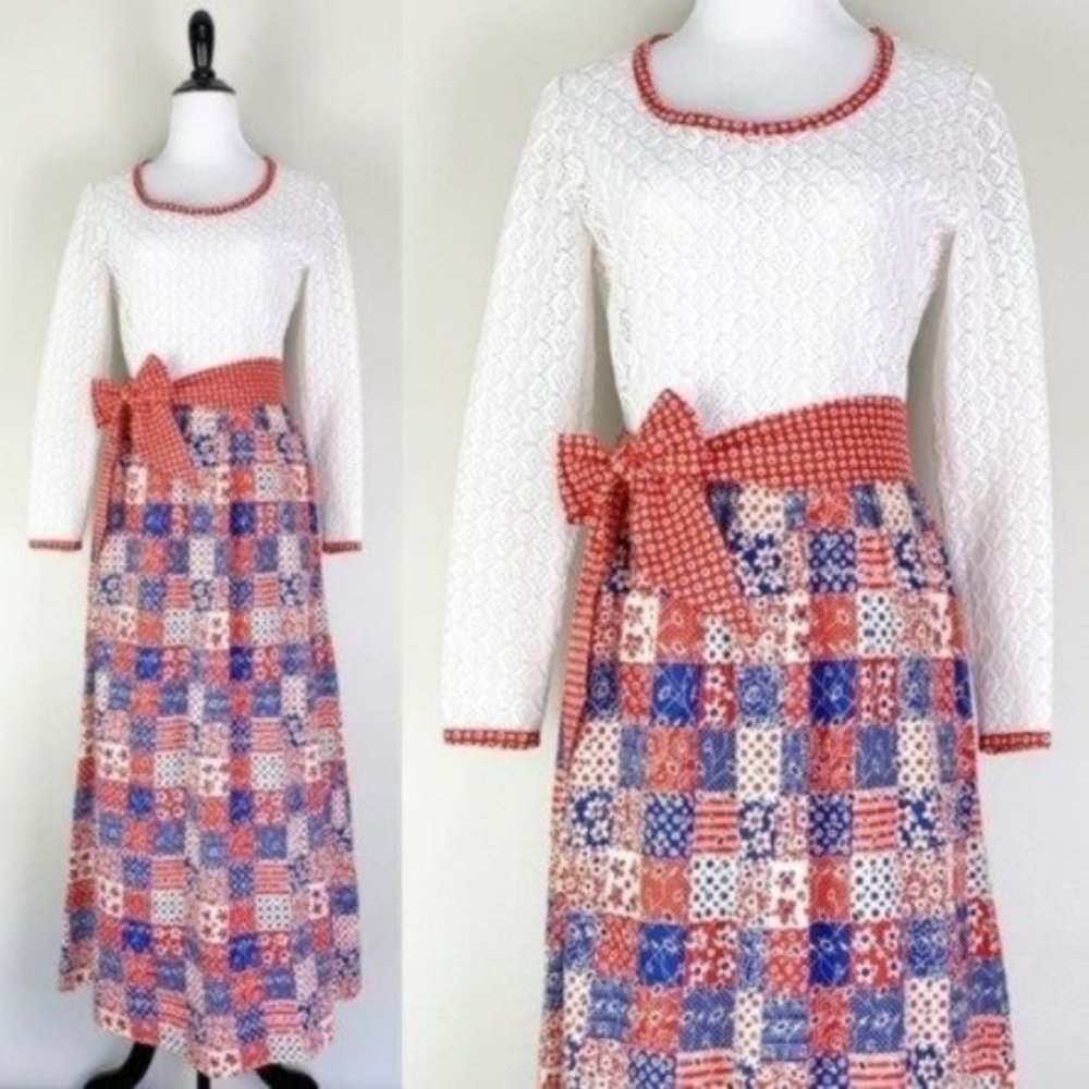Vintage 60s 70s John Meyer Red White & Blue Eyelet & Lace Patchwork Maxi Dress
